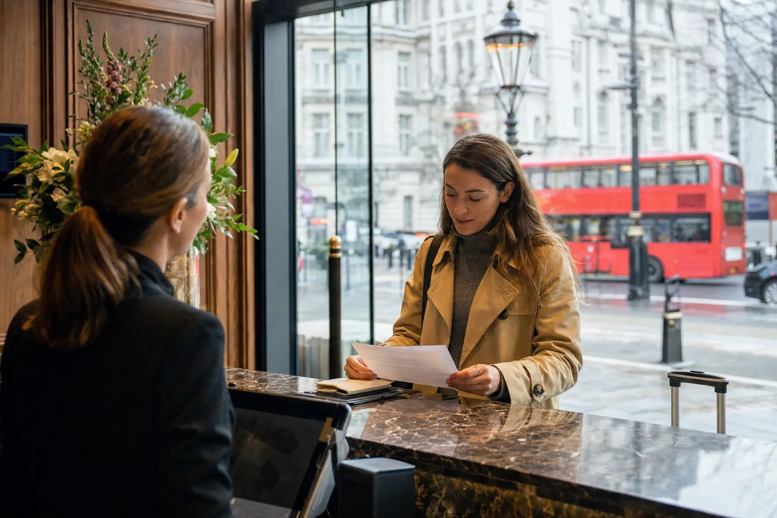 Una viajera consulta la factura del hotel junto a una ventana con un autobús rojo de Londres al fondo.