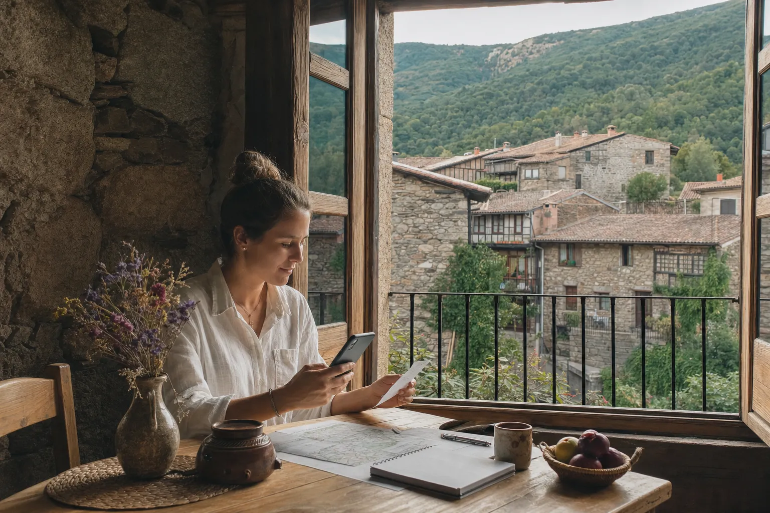 Una visitante calcula los gastos de estancia en una casa rural de Monforte de la Sierra.