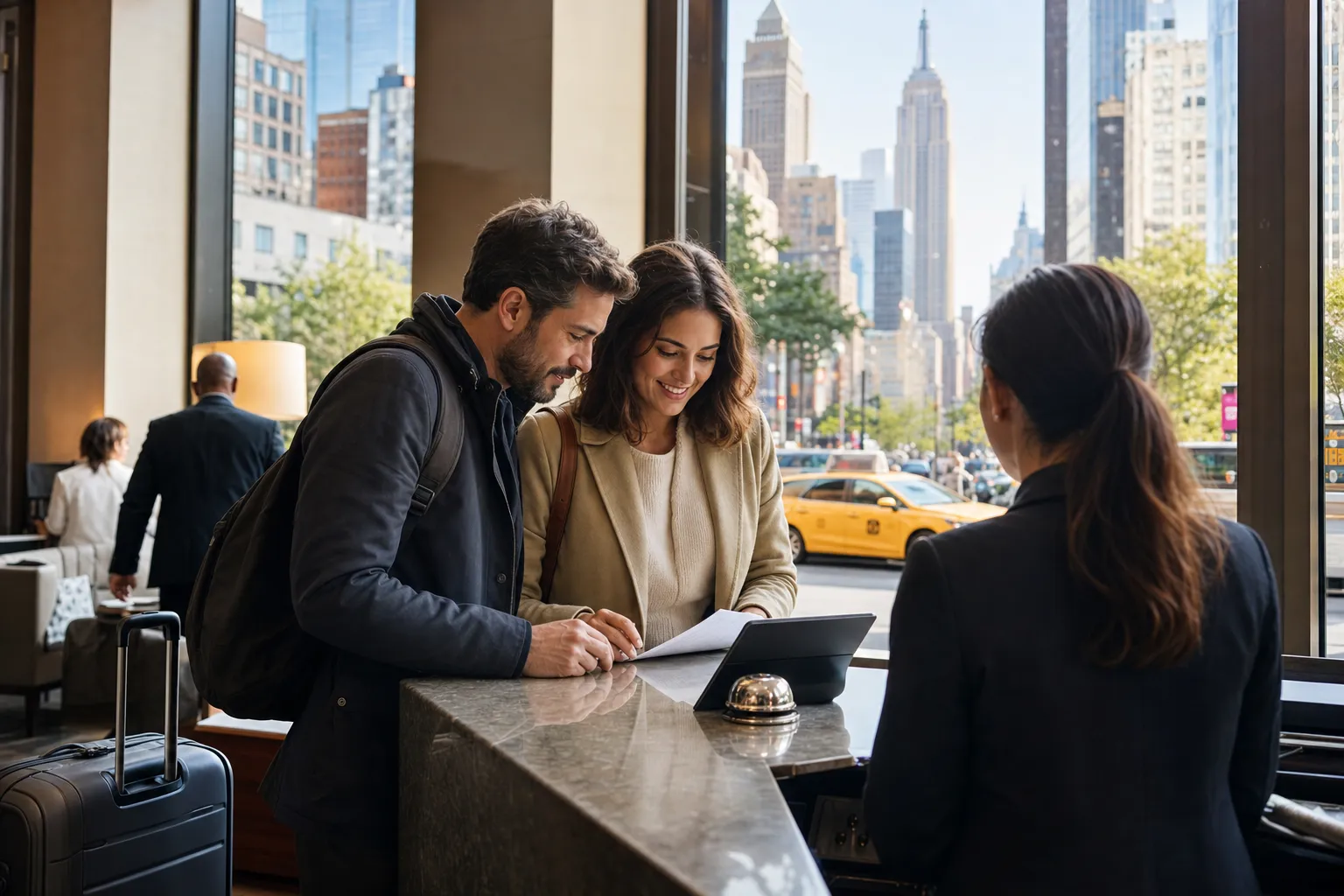Una pareja revisa la factura del hotel y el presupuesto de su viaje en Nueva York.