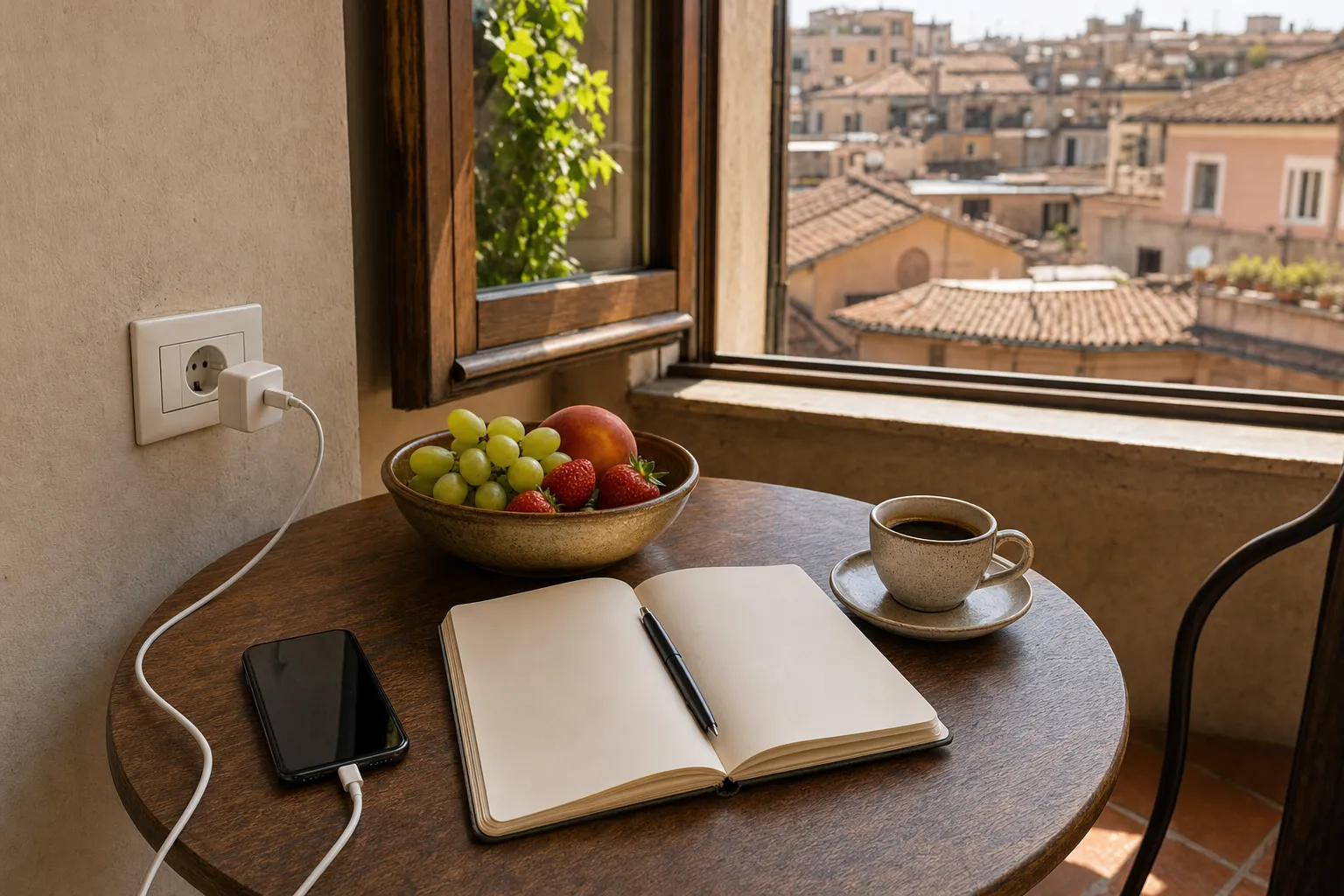 Mesa de apartamento romano con teléfono cargando, cuaderno y fruta junto a la ventana.