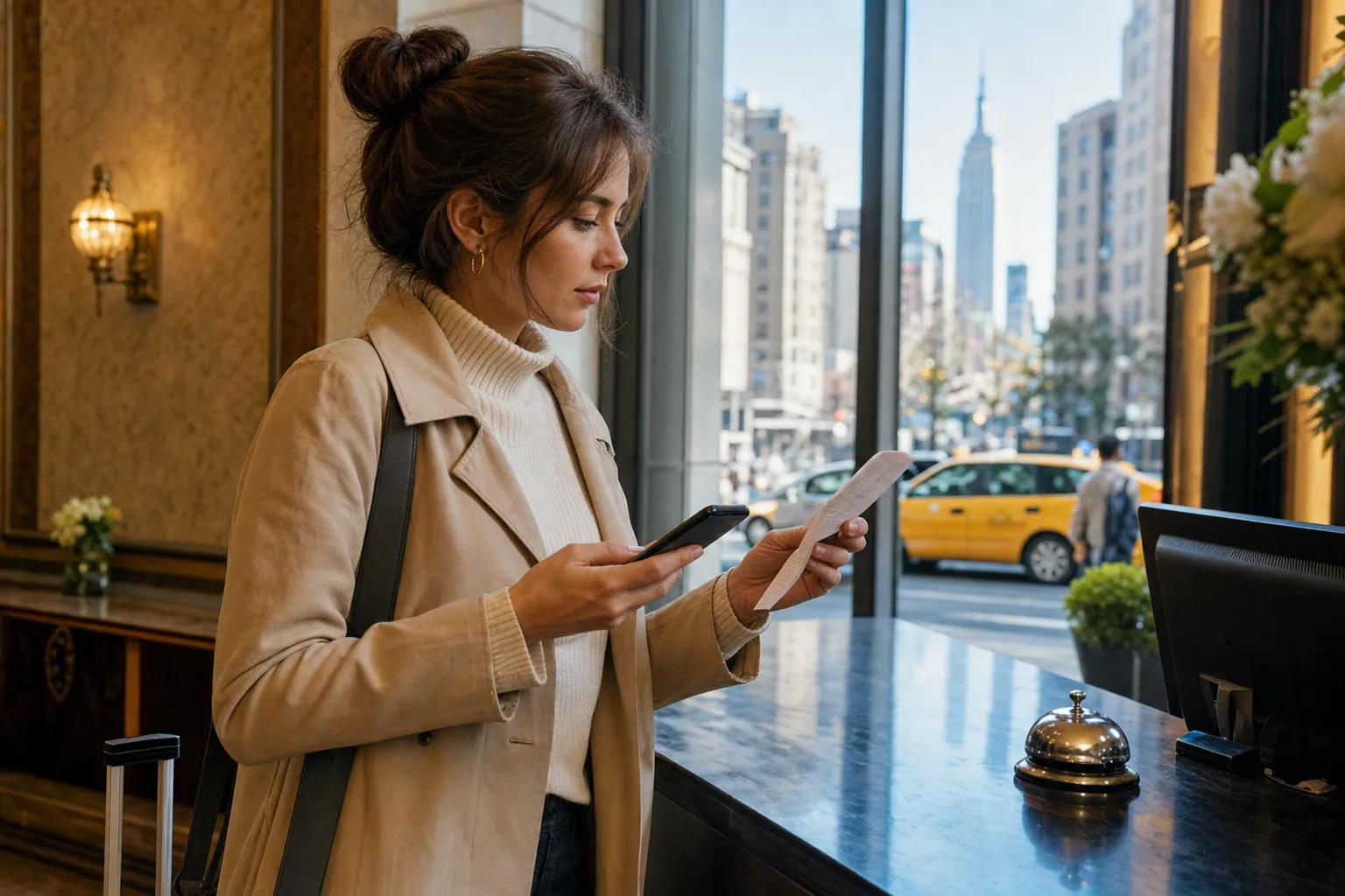 Viajera revisa los costes del alojamiento en un hotel de Nueva York, con un taxi amarillo al fondo.