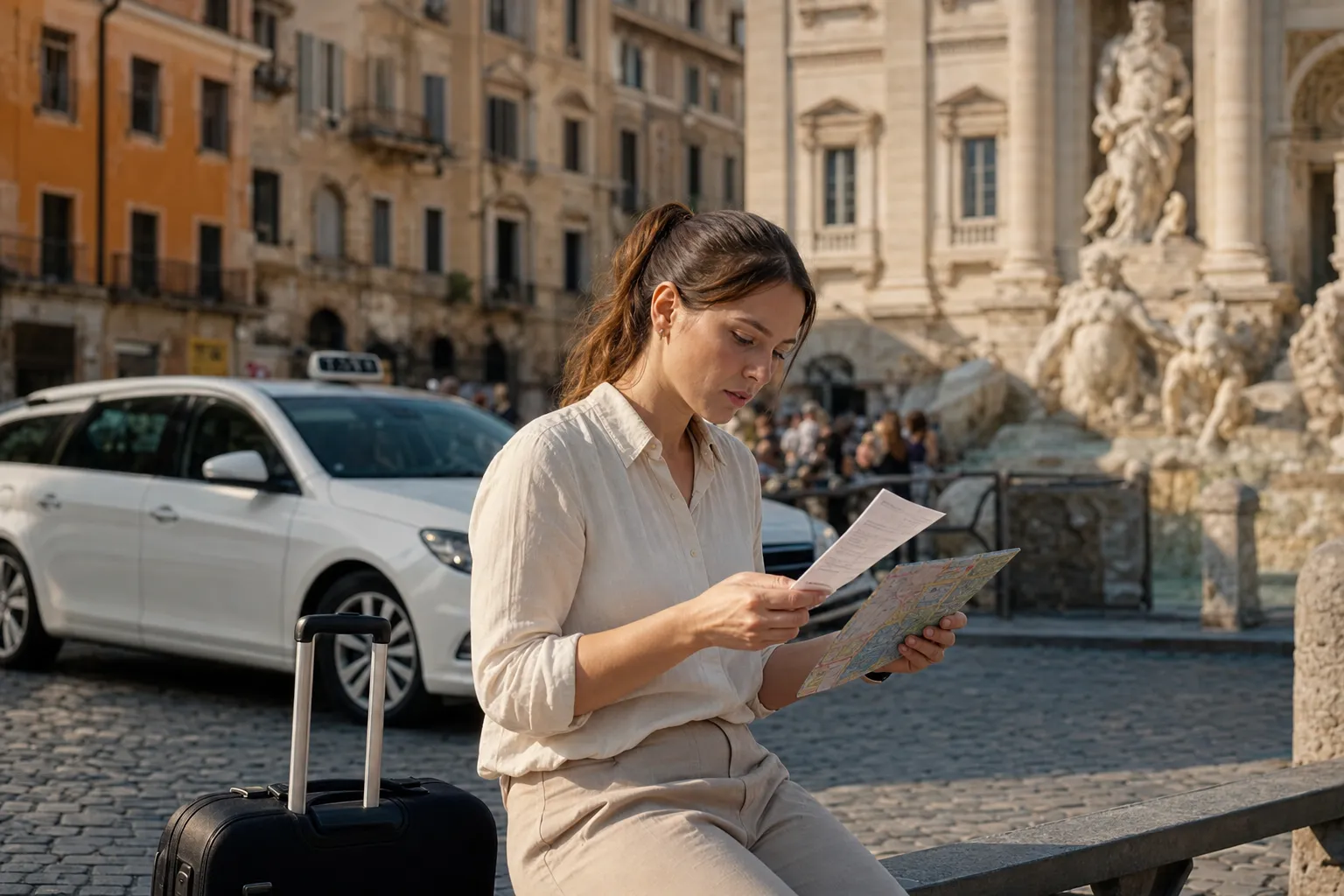 Viajera consulta el presupuesto de su visita junto a la Fontana di Trevi en Roma.