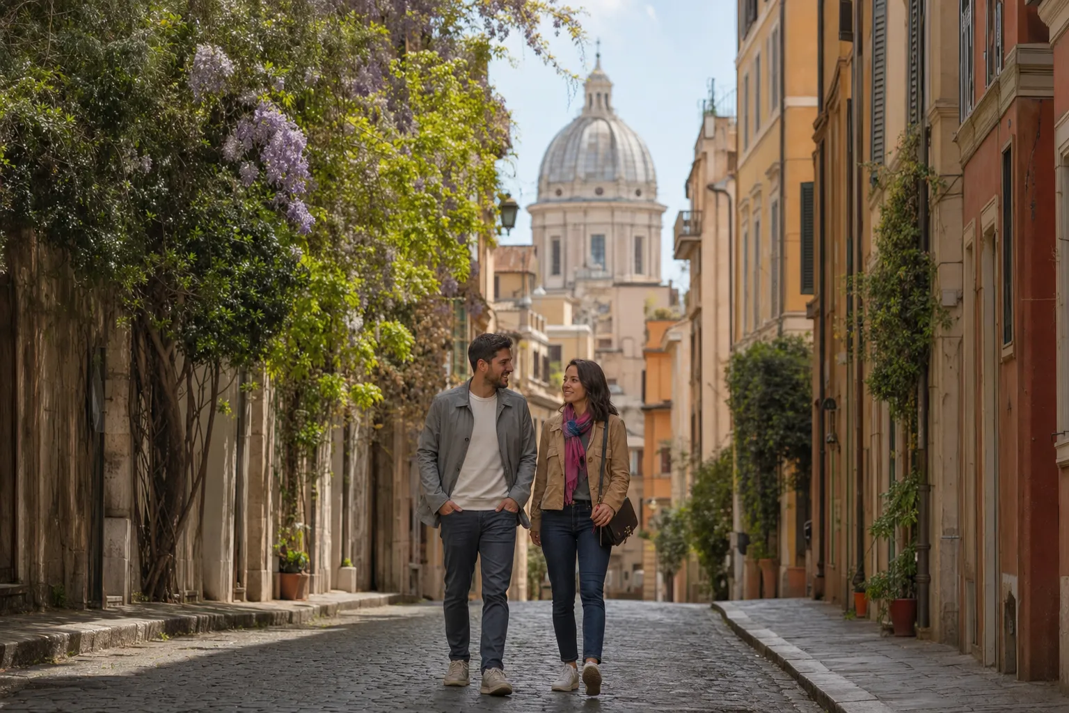 Pareja pasea por una calle romana en un día templado de primavera.