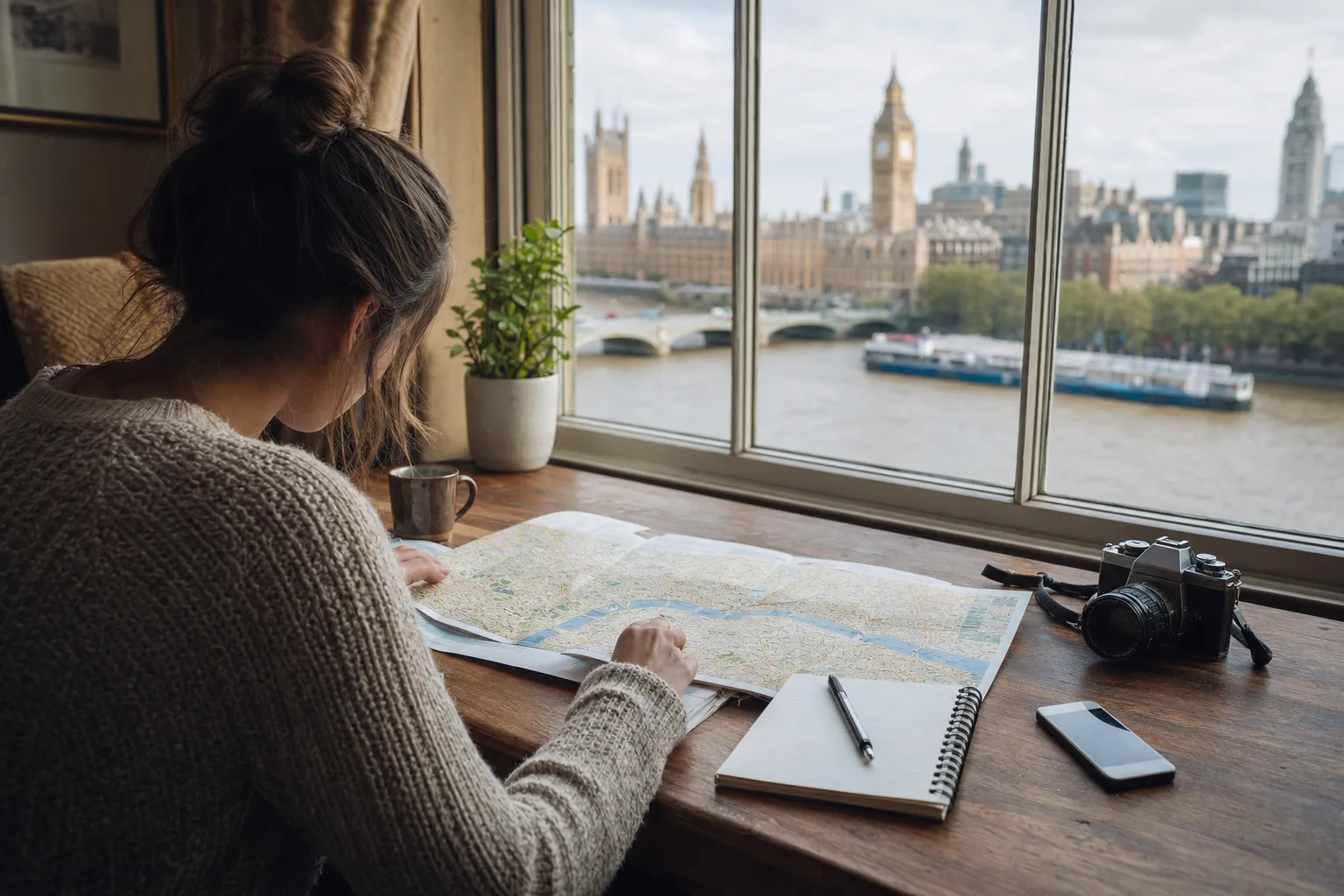 Viajera organiza su recorrido de Londres frente al mapa y al Támesis.