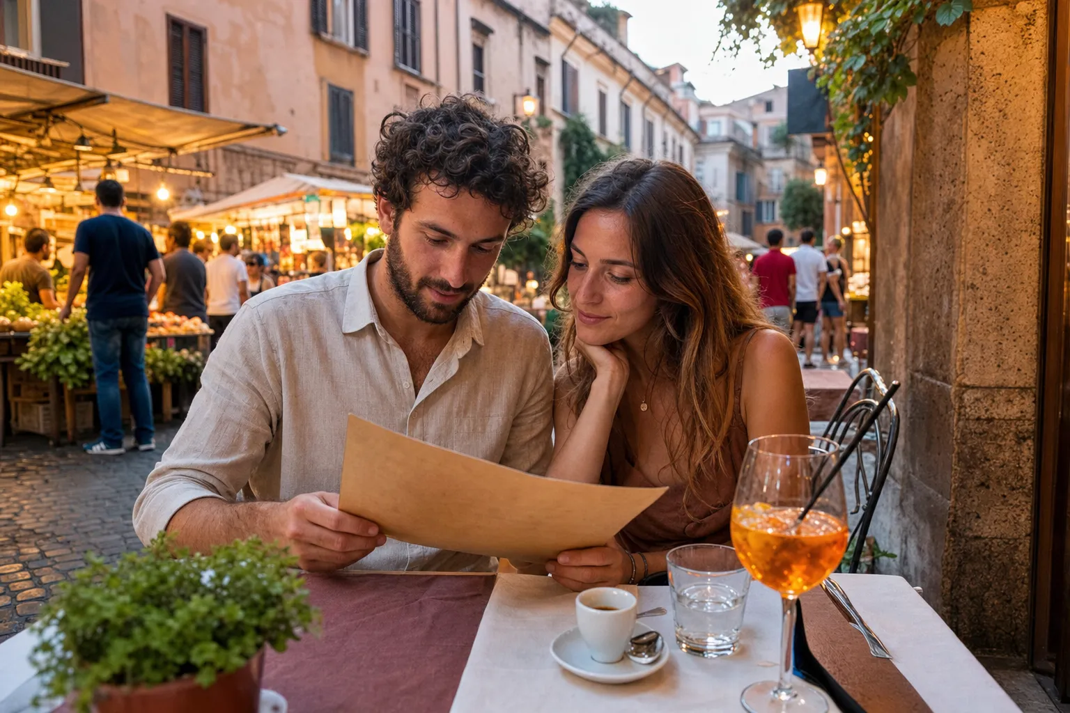 Pareja consulta la carta en una terraza de Trastevere junto a puestos de mercado.