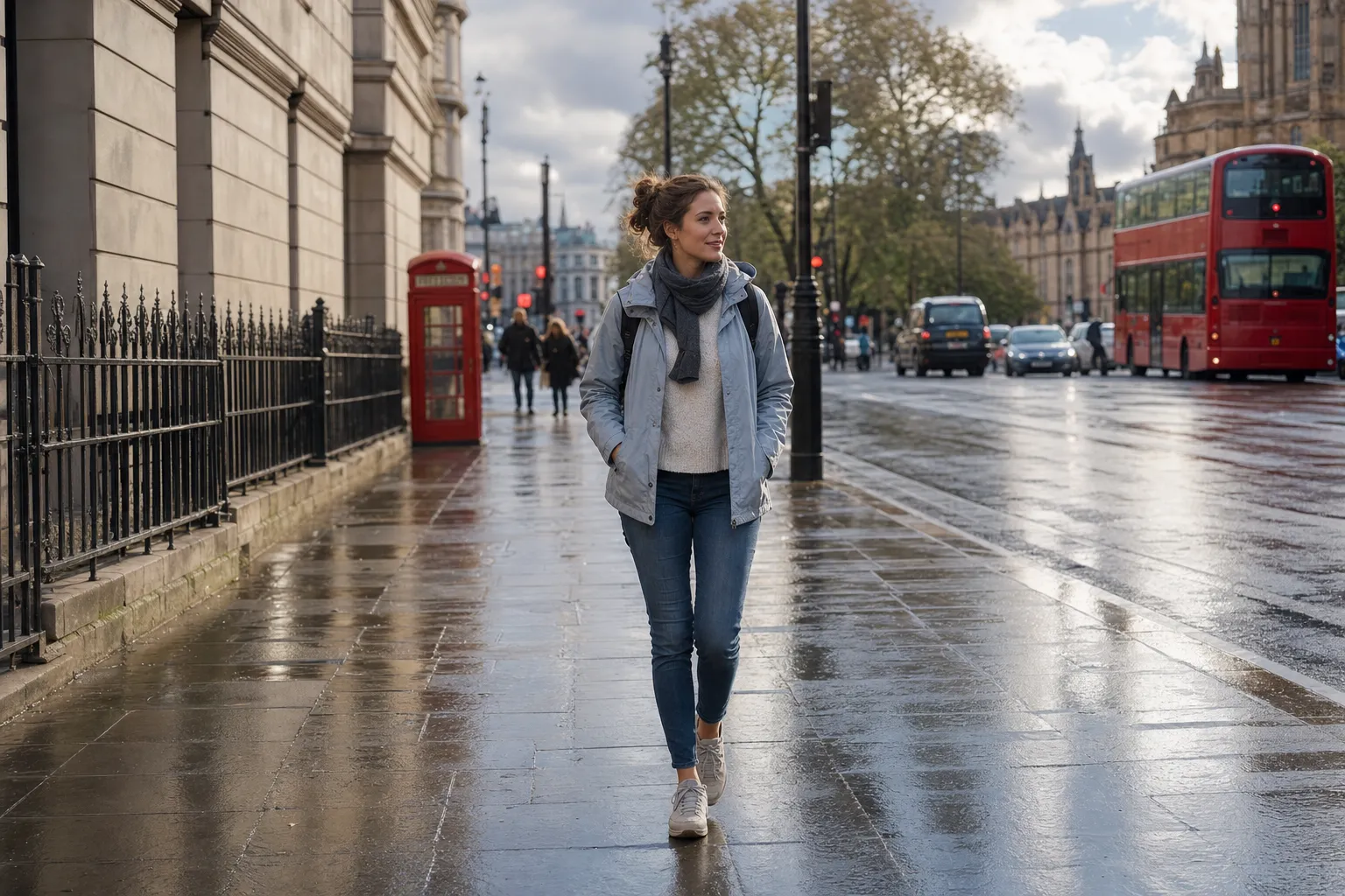 Viajera con ropa por capas y chaqueta impermeable camina por Londres.