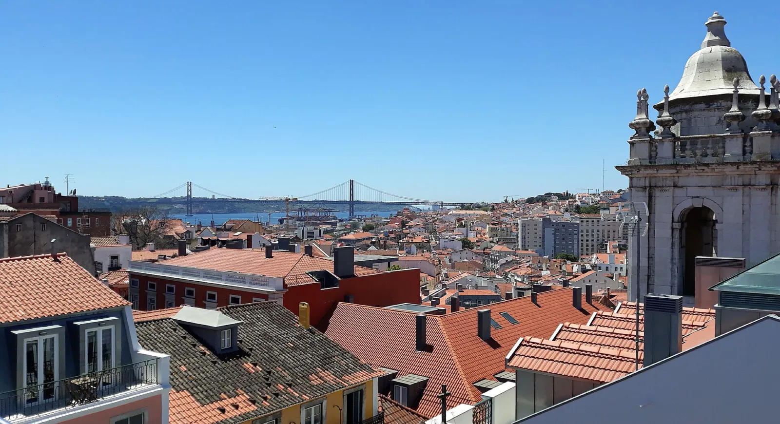 Panorámica de los tejados de Lisboa con el río Tajo y el puente 25 de Abril al fondo