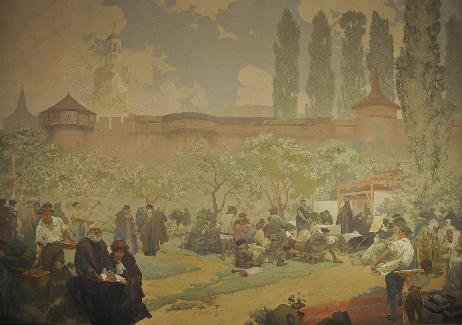 La escuela de los Hermanos en Ivančice, lienzo de la Epopeya Eslava de Alfons Mucha